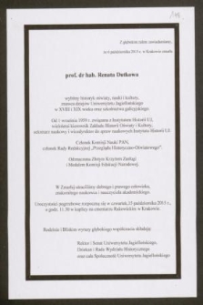 Z głębokim żalem zawiadamiamy, że 6 października 2015 r. w Krakowie zmarła prof. dr hab. Renata Dutkowa wybitny historyk oświaty, nauki i kultury [...]