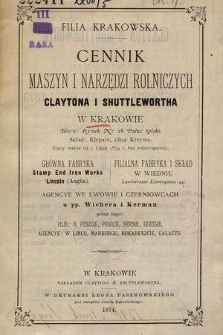 Cennik maszyn i narzędzi rolniczych Claytona i Shuttlewortha w Krakowie [...] : (Ceny ważne od 1 Lipca 1874 r. bez zobowiązania