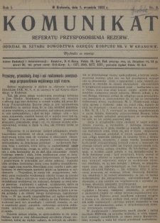 Komunikat Referatu Przysposobienia Rezerw. 1922, nr 9
