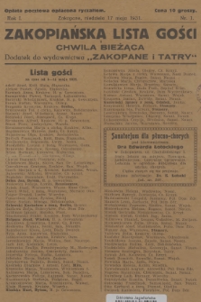 Zakopiańska Lista Gości i Chwila Bieżąca : dodatek do wydawnictwa „Zakopane i Tatry”. R.1, 1931, nr 1