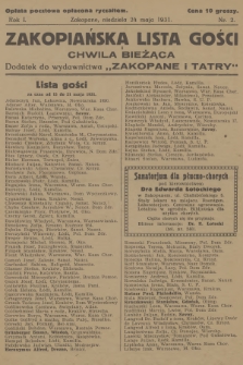 Zakopiańska Lista Gości i Chwila Bieżąca : dodatek do wydawnictwa „Zakopane i Tatry”. R.1, 1931, nr 2