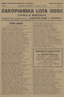 Zakopiańska Lista Gości i Chwila Bieżąca : dodatek do wydawnictwa „Zakopane i Tatry”. R.1, 1931, nr 5