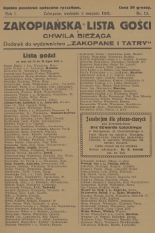 Zakopiańska Lista Gości i Chwila Bieżąca : dodatek do wydawnictwa „Zakopane i Tatry”. R.1, 1931, nr 12