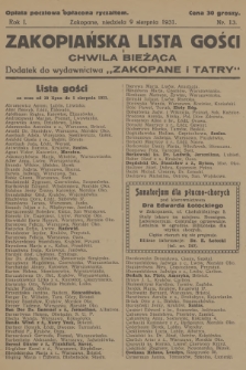 Zakopiańska Lista Gości i Chwila Bieżąca : dodatek do wydawnictwa „Zakopane i Tatry”. R.1, 1931, nr 13