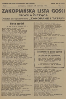 Zakopiańska Lista Gości i Chwila Bieżąca : dodatek do wydawnictwa „Zakopane i Tatry”. R.1, 1931, nr 14