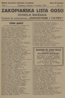 Zakopiańska Lista Gości i Chwila Bieżąca : dodatek do wydawnictwa „Zakopane i Tatry”. R.1, 1931, nr 17
