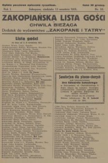 Zakopiańska Lista Gości i Chwila Bieżąca : dodatek do wydawnictwa „Zakopane i Tatry”. R.1, 1931, nr 18
