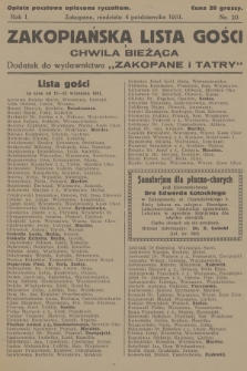 Zakopiańska Lista Gości i Chwila Bieżąca : dodatek do wydawnictwa „Zakopane i Tatry”. R.1, 1931, nr 20