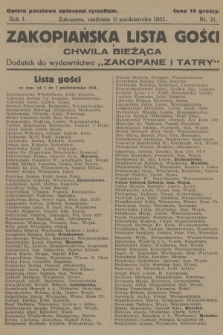 Zakopiańska Lista Gości i Chwila Bieżąca : dodatek do wydawnictwa „Zakopane i Tatry”. R.1, 1931, nr 21
