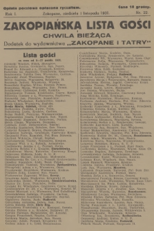 Zakopiańska Lista Gości i Chwila Bieżąca : dodatek do wydawnictwa „Zakopane i Tatry”. R.1, 1931, nr 22