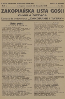 Zakopiańska Lista Gości i Chwila Bieżąca : dodatek do wydawnictwa „Zakopane i Tatry”. R.1, 1931, nr 24