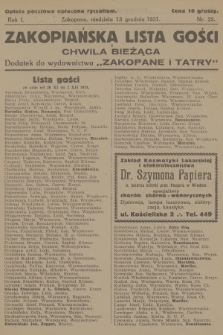Zakopiańska Lista Gości i Chwila Bieżąca : dodatek do wydawnictwa „Zakopane i Tatry”. R.1, 1931, nr 25