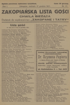 Zakopiańska Lista Gości i Chwila Bieżąca : dodatek do wydawnictwa „Zakopane i Tatry”. R.1, 1931, nr 27