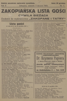 Zakopiańska Lista Gości i Chwila Bieżąca : dodatek do wydawnictwa „Zakopane i Tatry”. R.2, 1932, nr 1