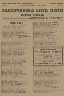 Zakopiańska Lista Gości i Chwila Bieżąca : dodatek do wydawnictwa „Zakopane i Tatry”. R.2, 1932, nr 6