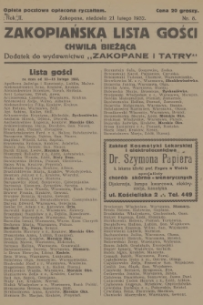 Zakopiańska Lista Gości i Chwila Bieżąca : dodatek do wydawnictwa „Zakopane i Tatry”. R.2, 1932, nr 8