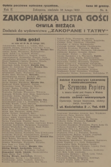 Zakopiańska Lista Gości i Chwila Bieżąca : dodatek do wydawnictwa „Zakopane i Tatry”. R.2, 1932, nr 9