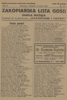 Zakopiańska Lista Gości i Chwila Bieżąca : dodatek do wydawnictwa „Zakopane i Tatry”. R.2, 1932, nr 11