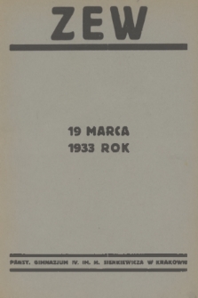Zew : czasopismo młodzieży Państw. Gimnazjum IV im. Henryka Sienkiewicza. R. 1, 1933, nr 1