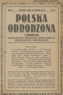 Polska Odrodzona : tygodnik poświęcony sprawom oświatowym, społecznym i religijnym. R.1, 1923, nr 5