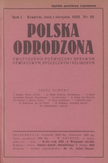 Polska Odrodzona : dwutygodnik poświęcony sprawom oświatowym, społecznym i religijnym. R.1, 1923, nr 23 - [po konfiskacie]