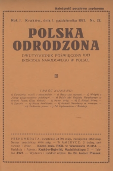 Polska Odrodzona : dwutygodnik poświęcony idei kościoła narodowego w Polsce. R.1, 1923, nr 27