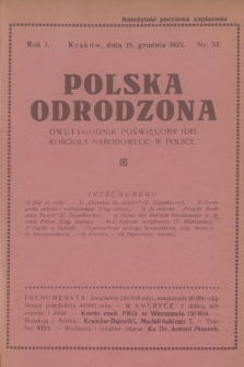 Polska Odrodzona : dwutygodnik poświęcony idei kościoła narodowego w Polsce. R.1, 1923, nr 32