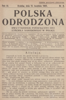 Polska Odrodzona : dwutygodnik poświęcony idei kościoła narodowego w Polsce. R.3, 1925, nr 8