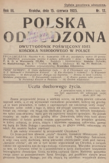 Polska Odrodzona : dwutygodnik poświęcony idei kościoła narodowego w Polsce. R.3, 1925, nr 12