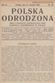 Polska Odrodzona : dwutygodnik poświęcony idei kościoła narodowego w Polsce. R.3, 1925, nr 16