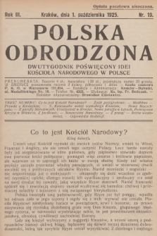 Polska Odrodzona : dwutygodnik poświęcony idei kościoła narodowego w Polsce. R.3, 1925, nr 19