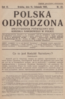 Polska Odrodzona : dwutygodnik poświęcony idei kościoła narodowego w Polsce. R.3, 1925, nr 22