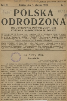 Polska Odrodzona : dwutygodnik poświęcony idei kościoła narodowego w Polsce. R.4, 1926, nr 1