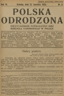 Polska Odrodzona : dwutygodnik poświęcony idei kościoła narodowego w Polsce. R.4, 1926, nr 8 - [po konfiskacie]