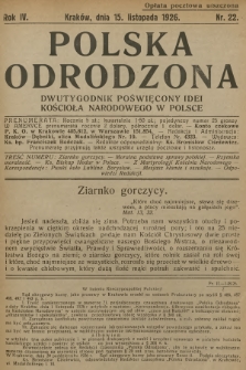 Polska Odrodzona : dwutygodnik poświęcony idei kościoła narodowego w Polsce. R.4, 1926, nr 22 - [po konfiskacie]