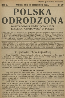 Polska Odrodzona : dwutygodnik poświęcony idei kościoła narodowego w Polsce. R.5, 1927, nr 20