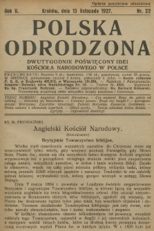 Polska Odrodzona : dwutygodnik poświęcony idei kościoła narodowego w Polsce. R.5, 1927, nr 22