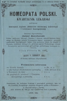 Homeopata Polski : kwartalnik lekarski : poświęcony homeopatyi, hygienie, gimnastyce racyonalnej, hydroterapii i weterynaryi homeopatycznej. [R.1.], [z. 3