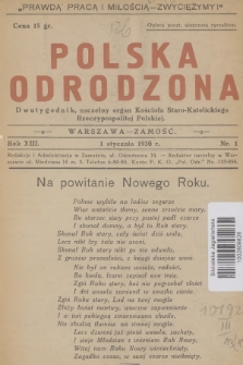 Polska Odrodzona : dwutygodnik : naczelny organ Kościoła Staro-Katolickiego Rzeczypospolitej Polskiej. R.13, 1935, nr 1