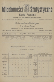 Wiadomości Statystyczne Miasta Poznania = Informations Statistiques de la Ville de Poznań. R.21, 1932, nr 2