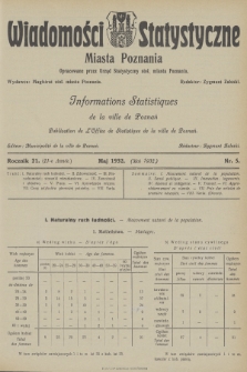 Wiadomości Statystyczne Miasta Poznania = Informations Statistiques de la Ville de Poznań. R.21, 1932, nr 5