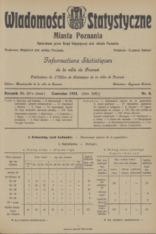 Wiadomości Statystyczne Miasta Poznania = Informations Statistiques de la Ville de Poznań. R.21, 1932, nr 6
