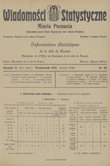 Wiadomości Statystyczne Miasta Poznania = Informations Statistiques de la Ville de Poznań. R.21, 1932, nr 10