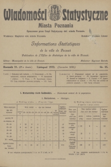 Wiadomości Statystyczne Miasta Poznania = Informations Statistiques de la Ville de Poznań. R.21, 1932, nr 11