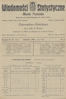 Wiadomości Statystyczne Miasta Poznania = Informations Statistiques de la Ville de Poznań. R.22, 1933, nr 6