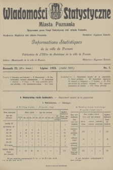 Wiadomości Statystyczne Miasta Poznania = Informations Statistiques de la Ville de Poznań. R.22, 1933, nr 7