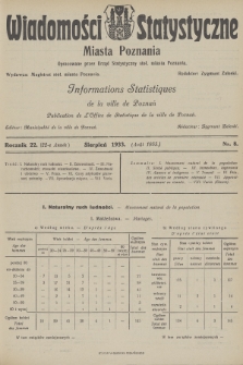 Wiadomości Statystyczne Miasta Poznania = Informations Statistiques de la Ville de Poznań. R.22, 1933, nr 8