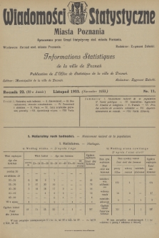 Wiadomości Statystyczne Miasta Poznania = Informations Statistiques de la Ville de Poznań. R.22, 1933, nr 11