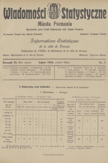 Wiadomości Statystyczne Miasta Poznania = Informations Statistiques de la Ville de Poznań. R.23, 1934, nr 7