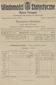 Wiadomości Statystyczne Miasta Poznania = Informations Statistiques de la Ville de Poznań. R.23, 1934, nr 8